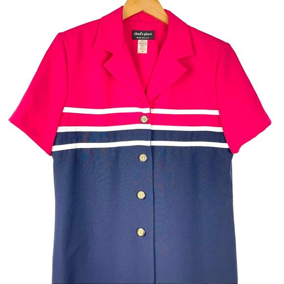 Vintage | Navy Blue Pink Button Down Dress Nautical Design - Picture 3 of 6